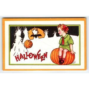 Vintage 1910s Halloween Stecher Webbed Texture Postcard Little Girl Bat JOL